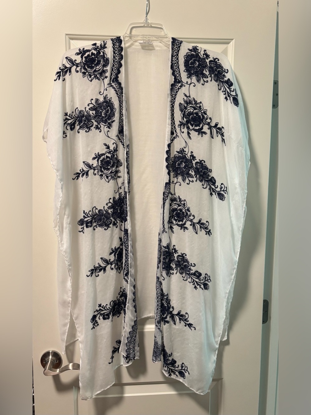 Elegant Floral Sheer Kimono - White with Navy Embroidery
